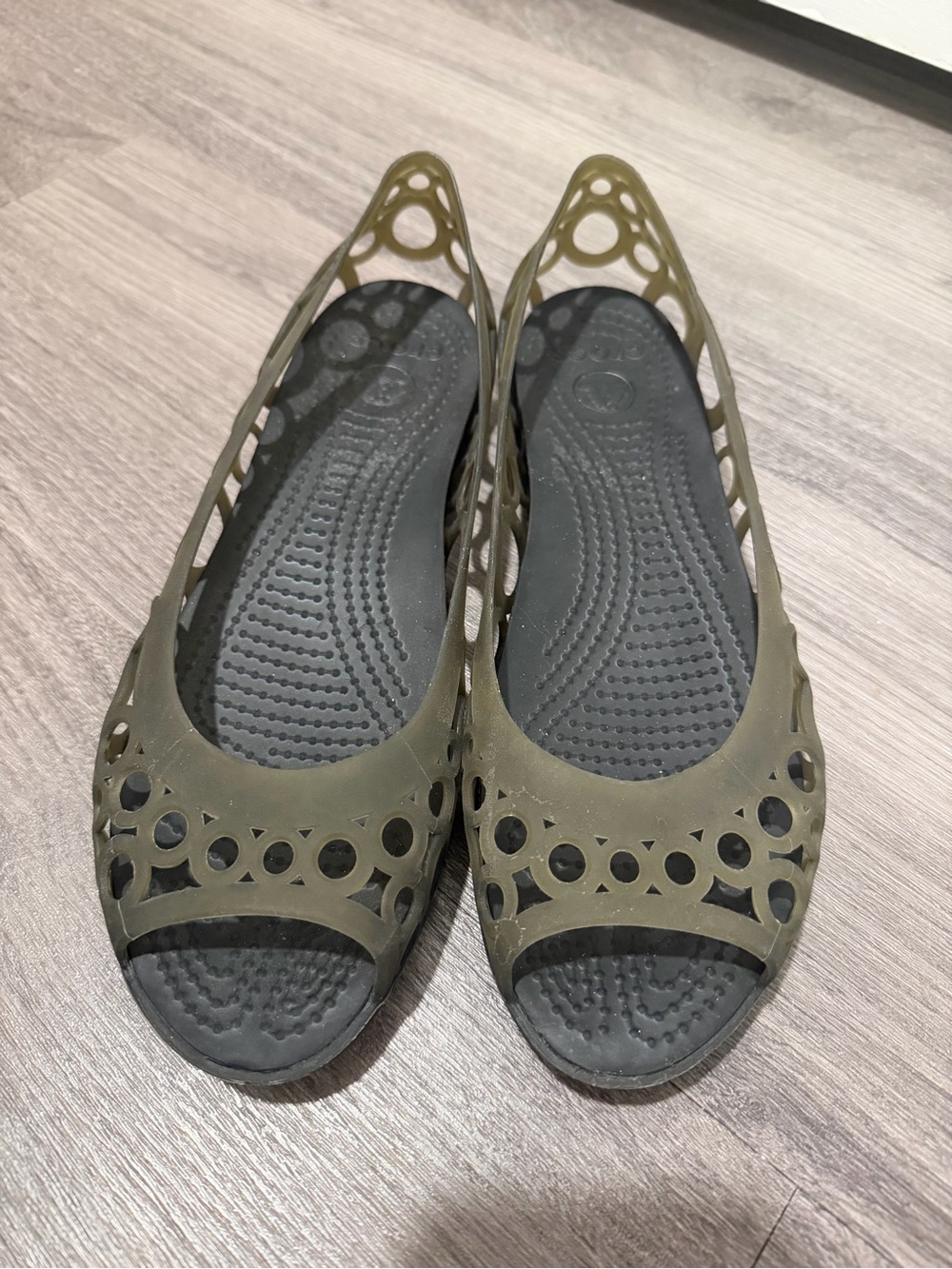 Crocs Adrina Flat Jelly Sandals Womens Size 8 green brown Slip On Peep Toe